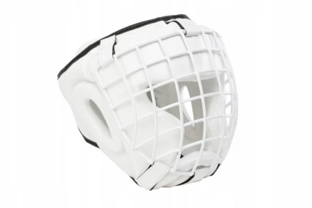 KASK BOKSERSKI PU Z METALOWĄ KRATĄ BIAŁY