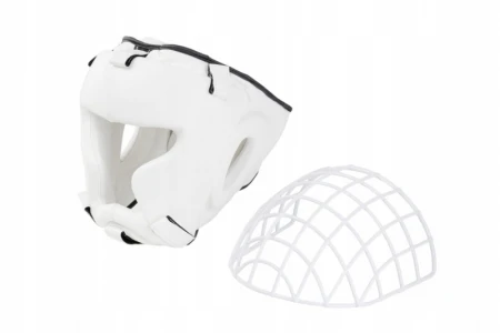 KASK BOKSERSKI PU Z METALOWĄ KRATĄ BIAŁY