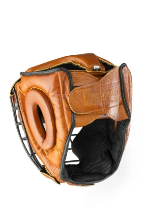 Skórzany kask bokserski z metalową kratą Retro Tan